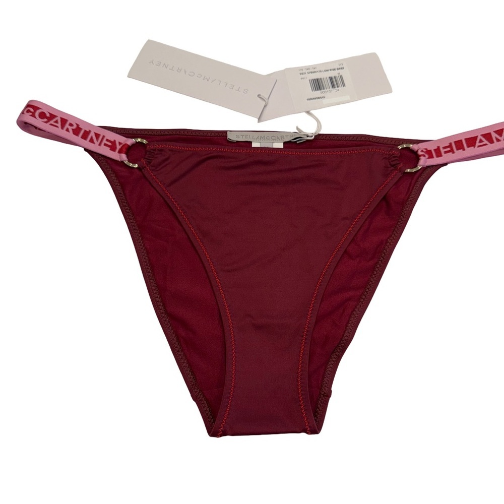 Stella McCartney Logo Strap Bikini Bottom, Burgundy, Gold Rings Sz M NWT